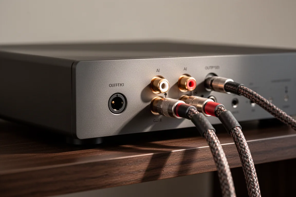 Rear panel RCA sockets of a hi-fi component with interconnect cables attached