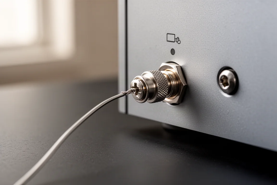 Grounding terminal on the rear of a hi-fi component with a wire attached