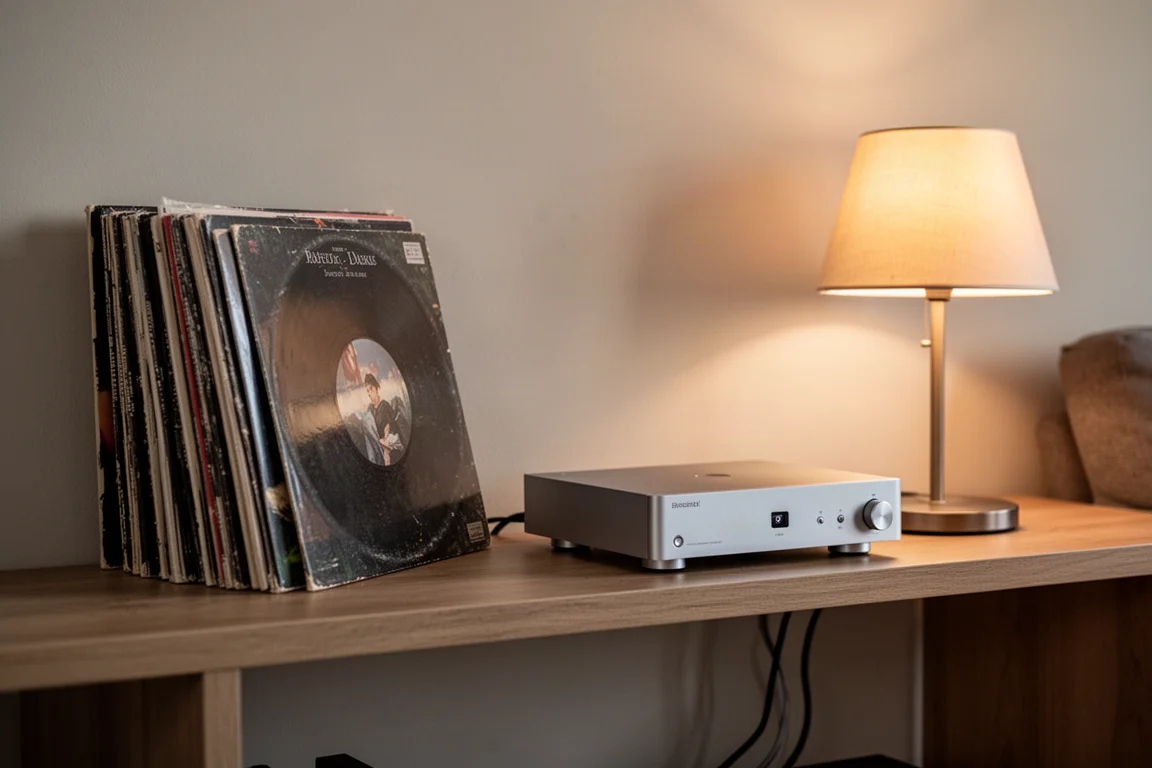 Hi-fi shelf with vinyl records, a warm lamp and a compact silver component