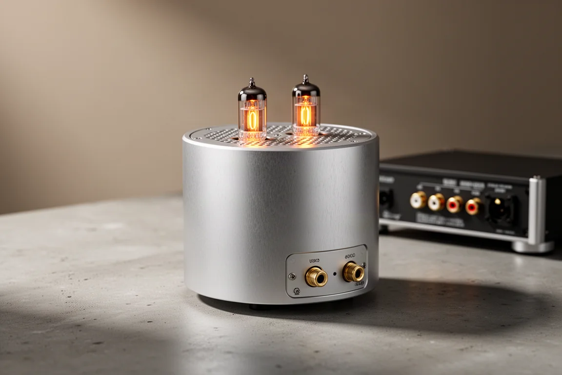 Cylindrical silver hi-fi tube buffer with glowing valves on a concrete surface
