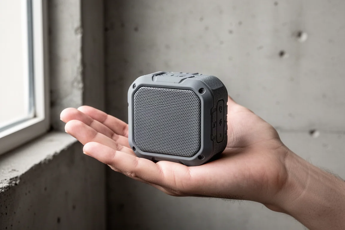掌心大小的硬派 Bluetooth 音箱放在摊开的手掌上展示其尺寸