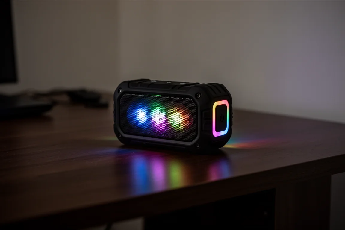 昏暗房间里便携音箱发出的 LED 灯光秀