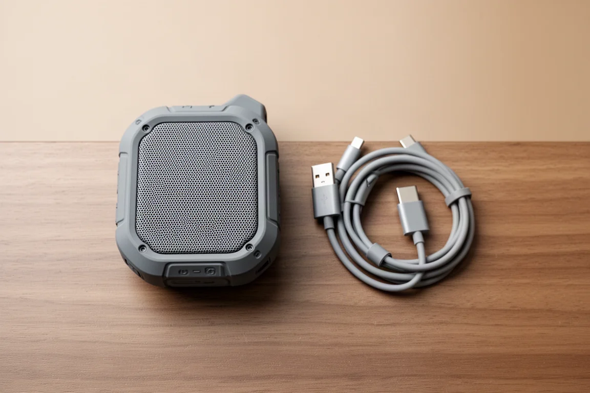 音箱旁桌面上的 USB-C 转 USB-A 充电线