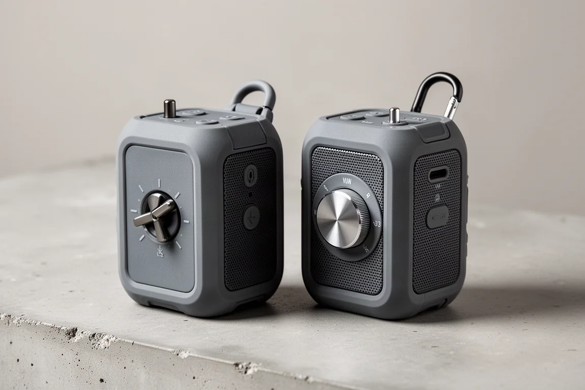 Two palm-sized rugged Bluetooth speakers side by side on a concrete surface