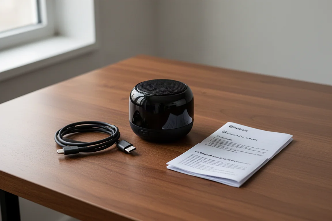 Small portable bluetooth speaker lying on a wooden desk next to a USB-C cable