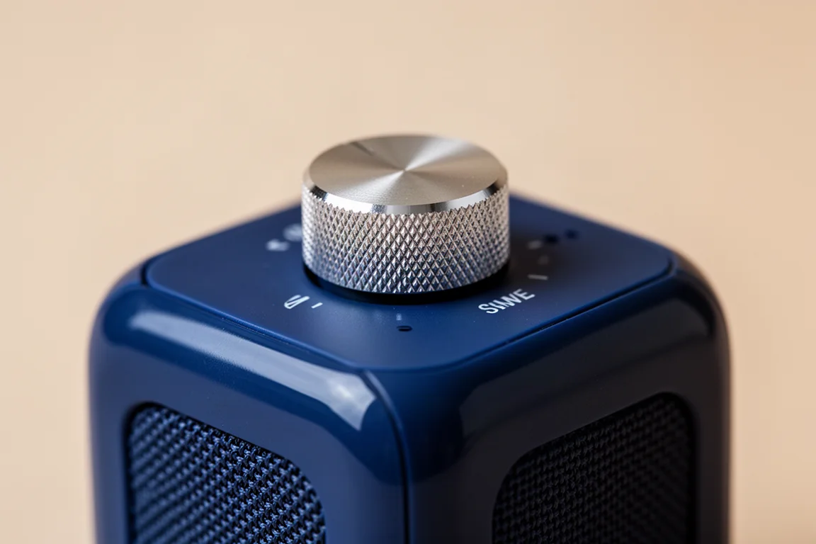 Close-up of a clicky mechanical volume knob on top of a small speaker