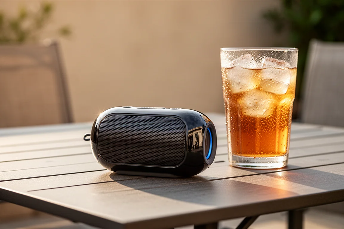 Small speaker resting on rubberized feet on a sunny outdoor table