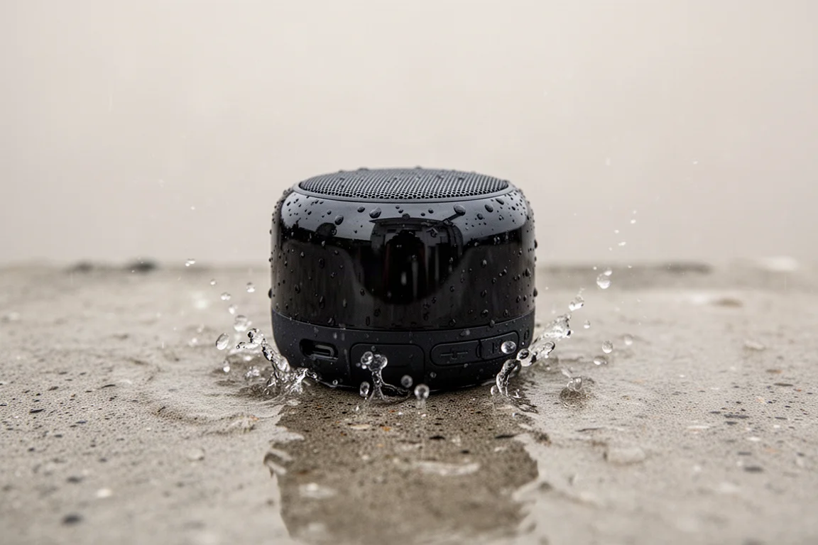 Speaker slipping hazard close-up, glossy body reflecting light on a damp surface