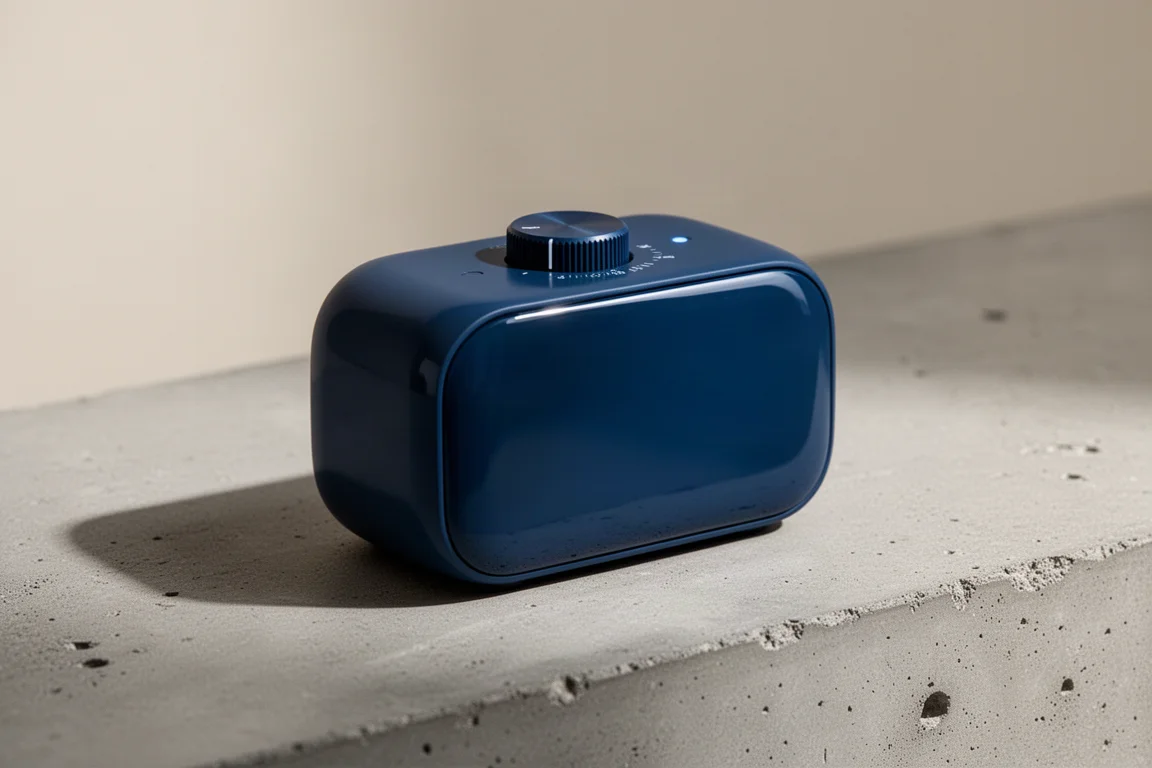 Small deep sea blue portable bluetooth speaker on a concrete surface