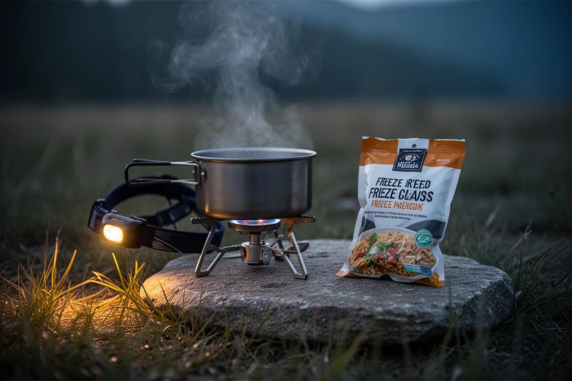 Vapor subindo de uma pequena panela de metal em um fogareiro de acampamento ao anoitecer