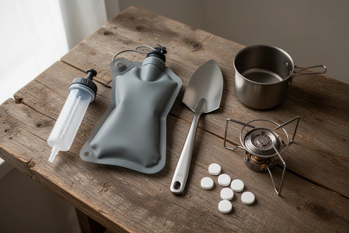 Compact backpacking essentials arranged on a weathered wooden surface