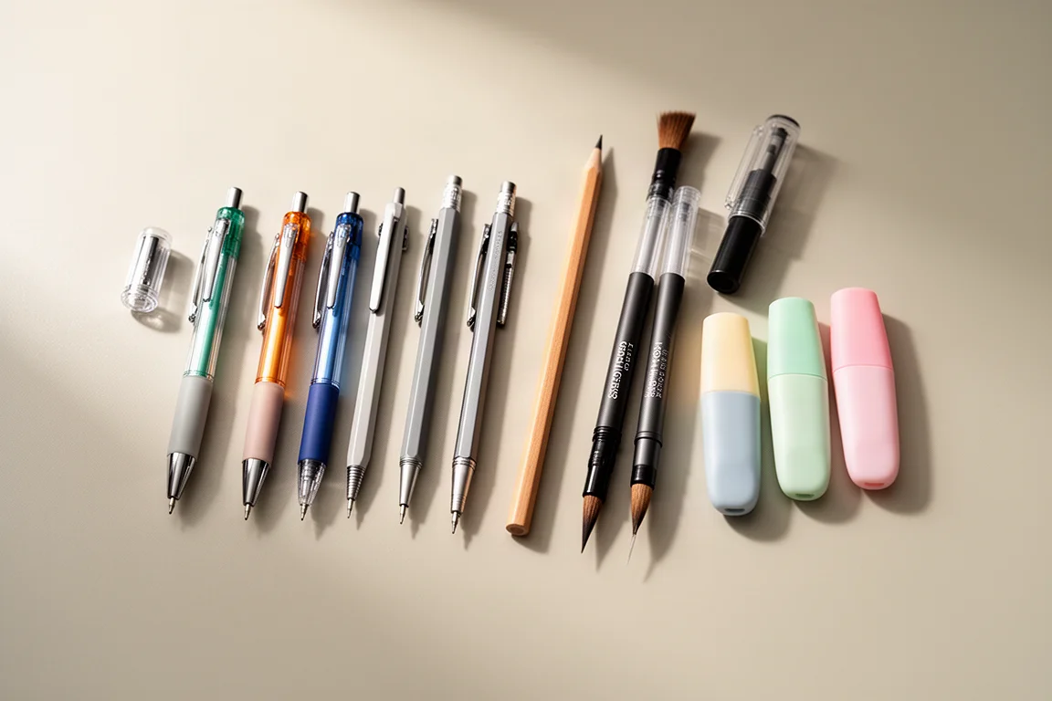 Flat arrangement of Japanese pens, pencils, and markers on a light desk surface