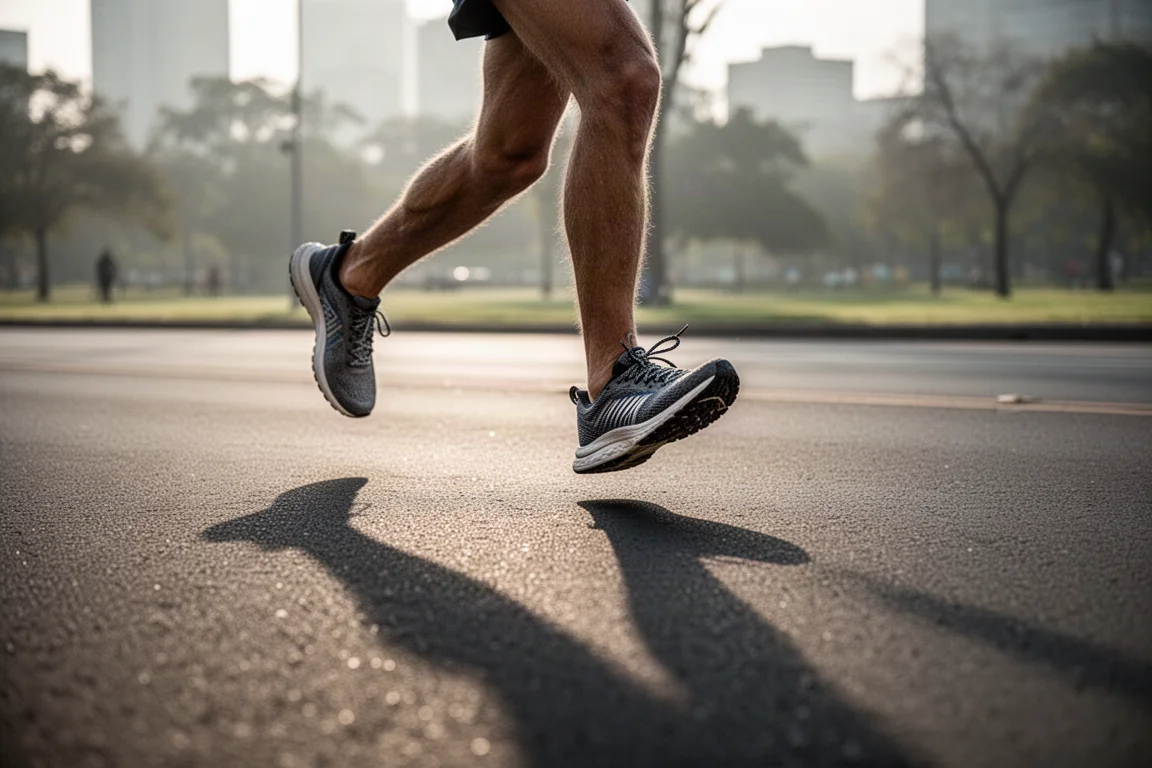 Coureur sur route au milieu d'une foulée sur un bitume lisse dans une douce lumière matinale