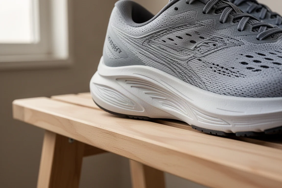Gros plan sur la semelle intermédiaire d'une chaussure de running performante et légère, montrant la mousse sculptée et les lignes de la plaque