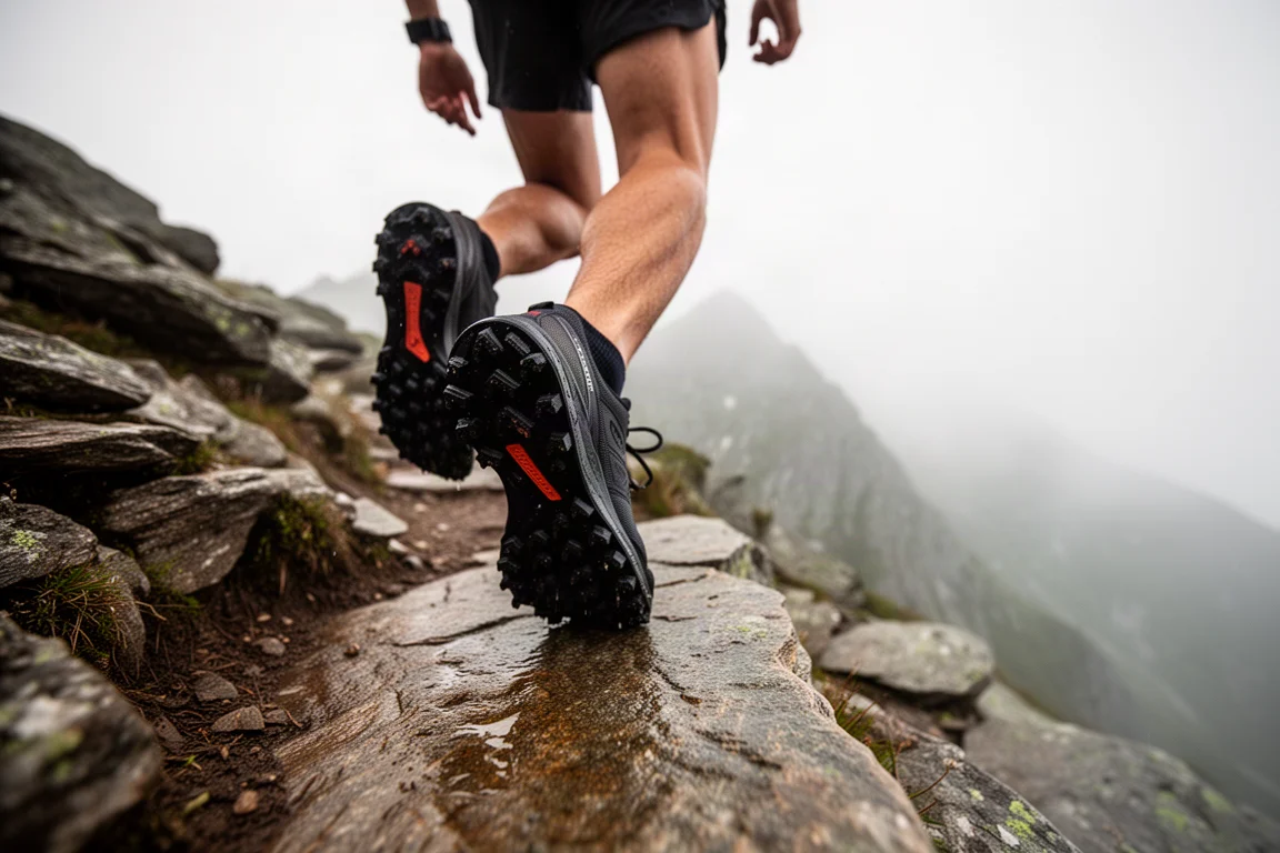 Traileur gravissant un sentier de montagne rocailleux avec des chaussures trail à crampons bien visibles