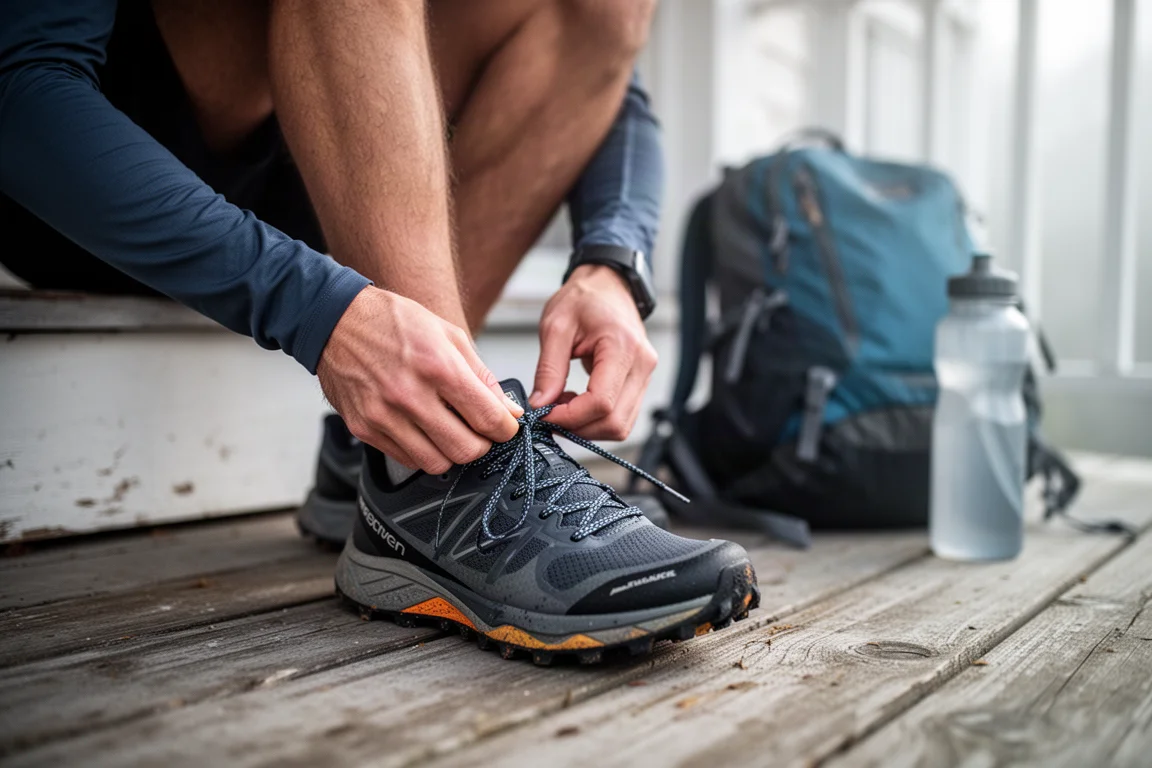 Coureur nouant les lacets d'une chaussure trail sur un porche en bois avant une sortie