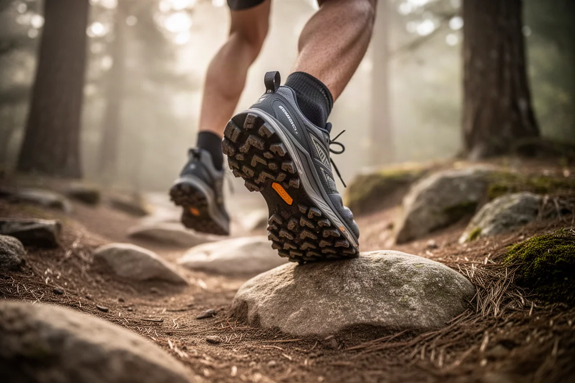 Füße eines Trail-Läufers überqueren felsiges Gelände in gedämpften Trail-Schuhen