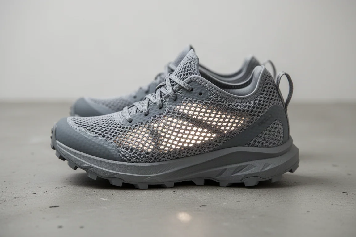 Atmungsaktives Engineered-Mesh-Obermaterial eines Trail-Laufschuhs in Nahaufnahme