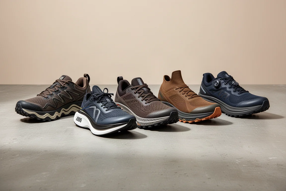 Cinque scarpe da running allineate su una superficie di cemento