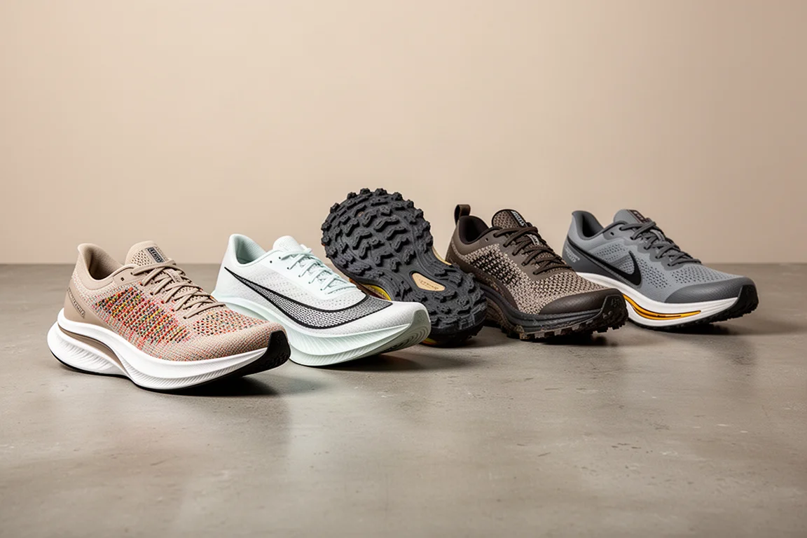 Five running shoes arranged in a row on a matte concrete surface