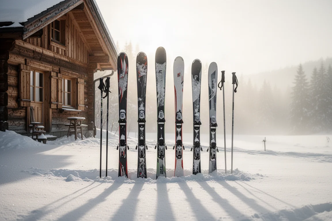 Rack of skis lined up in snow outside a ski lodge on a bright morning