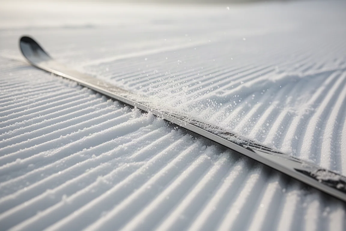 Close-up of a carving ski edge gripping freshly groomed corduroy snow