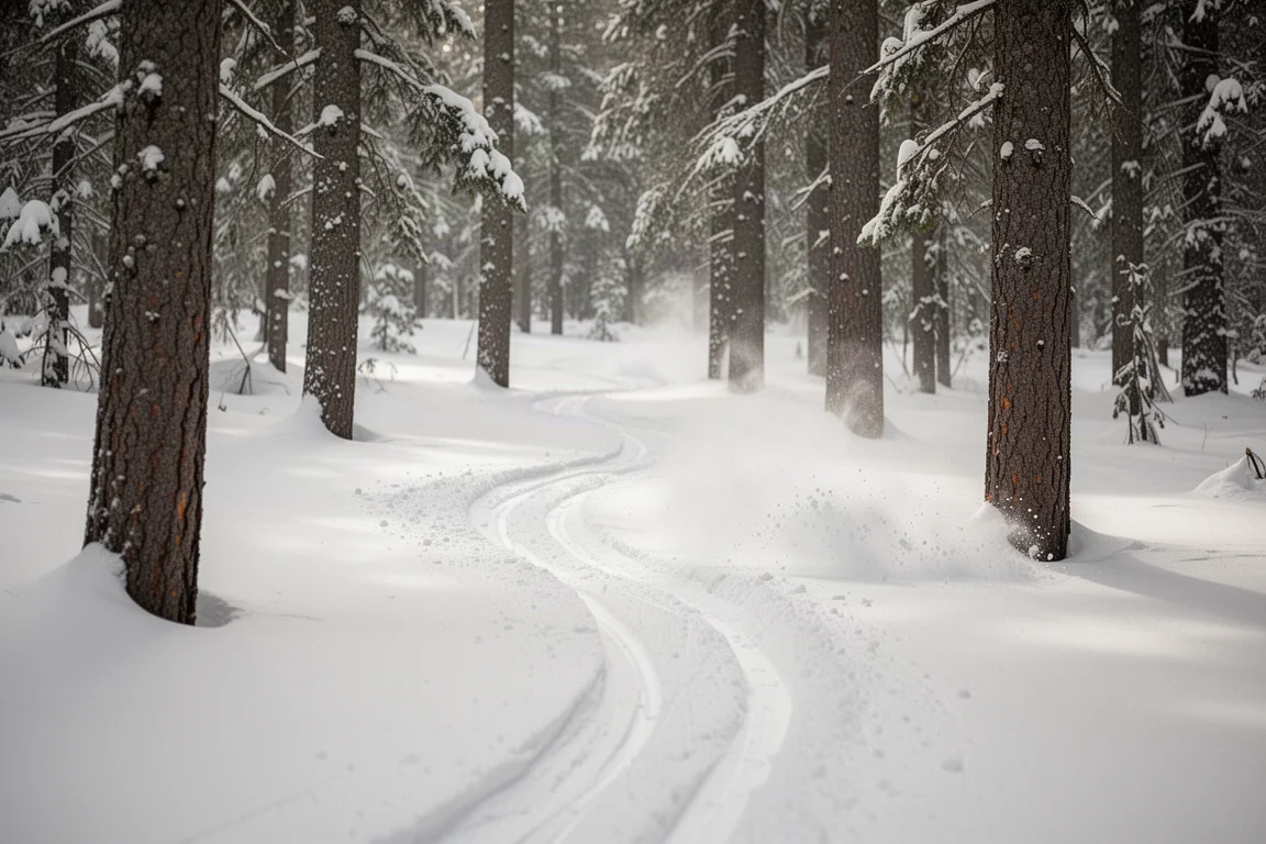 Skier's tracks weaving through a snowy gladed tree run