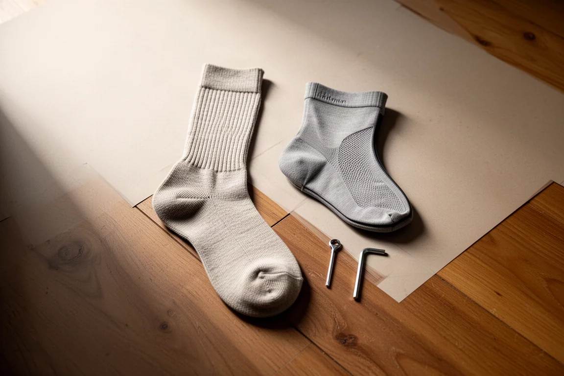 Wool ski socks and boot liner laid out on a wooden floor