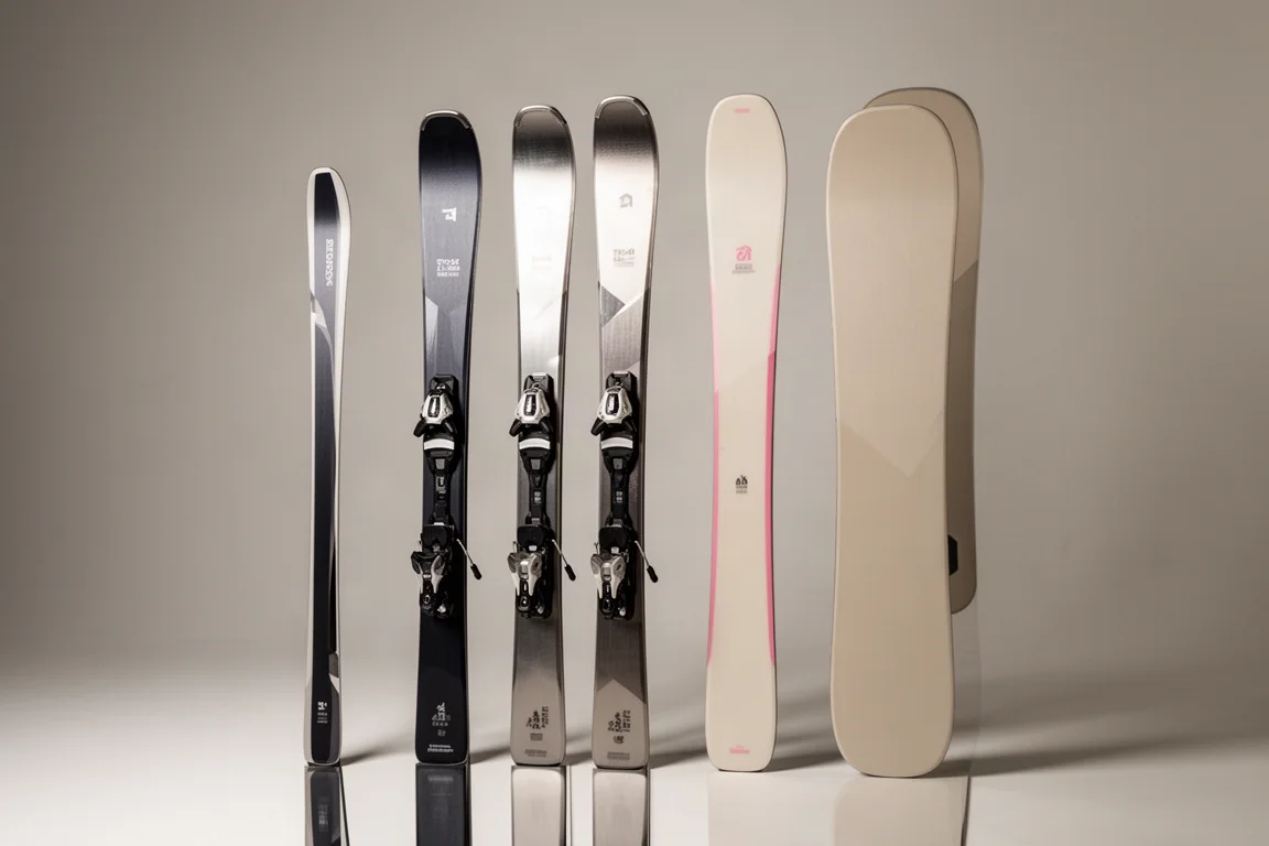 Five skis of varying widths lined up against a neutral studio backdrop