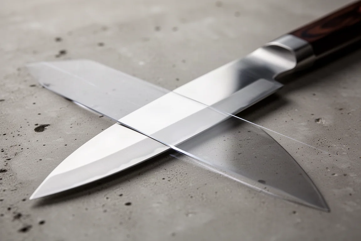 Klinge eines japanischen Gyuto-Messers mit poliertem Finish und gravierten Kanji