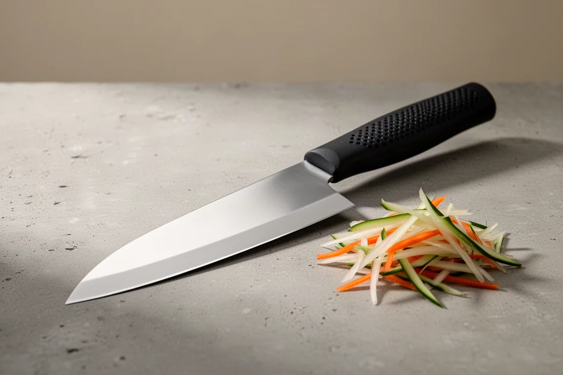 Japanisches Gyuto-Messer mit schwarzem Griff auf einer Betonoberfläche neben geschnittenem Gemüse