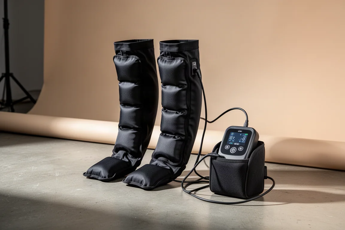 MyoMaster Myo Pump leg compression sleeves connected to a control unit in a padded holder