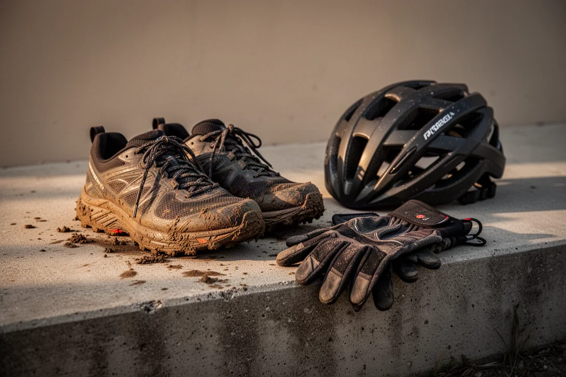 Löpningsskor leriga efter en mountainbike-tur, symboler för tuffa träningslaster