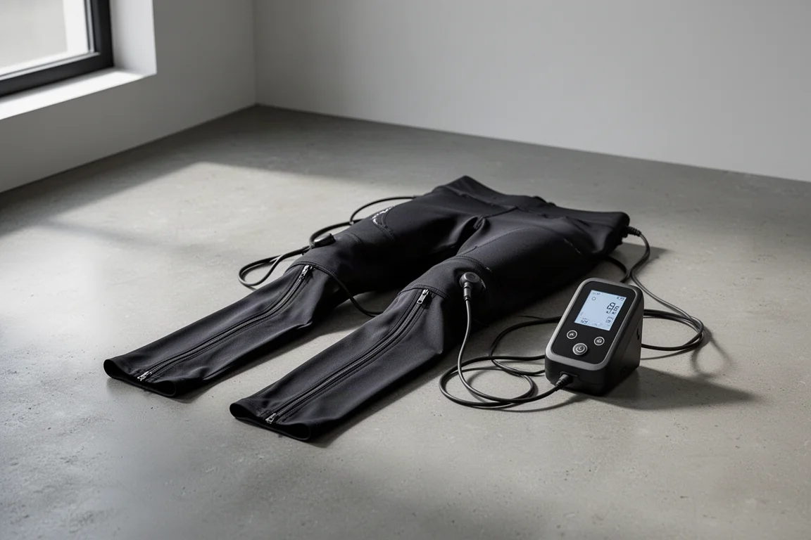 Black leg compression leggings connected to a compact control unit on a concrete floor