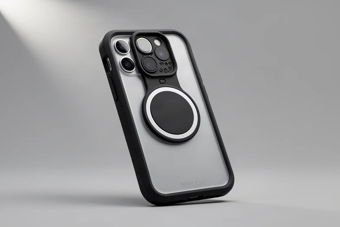 Collection of smartphone cases arranged in a grid on a concrete surface