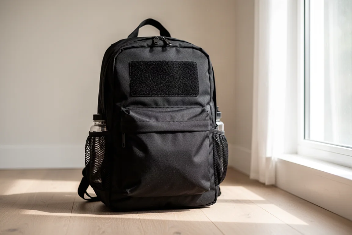 Everyday carry rugzak met voorflapzak staand op een houten vloer