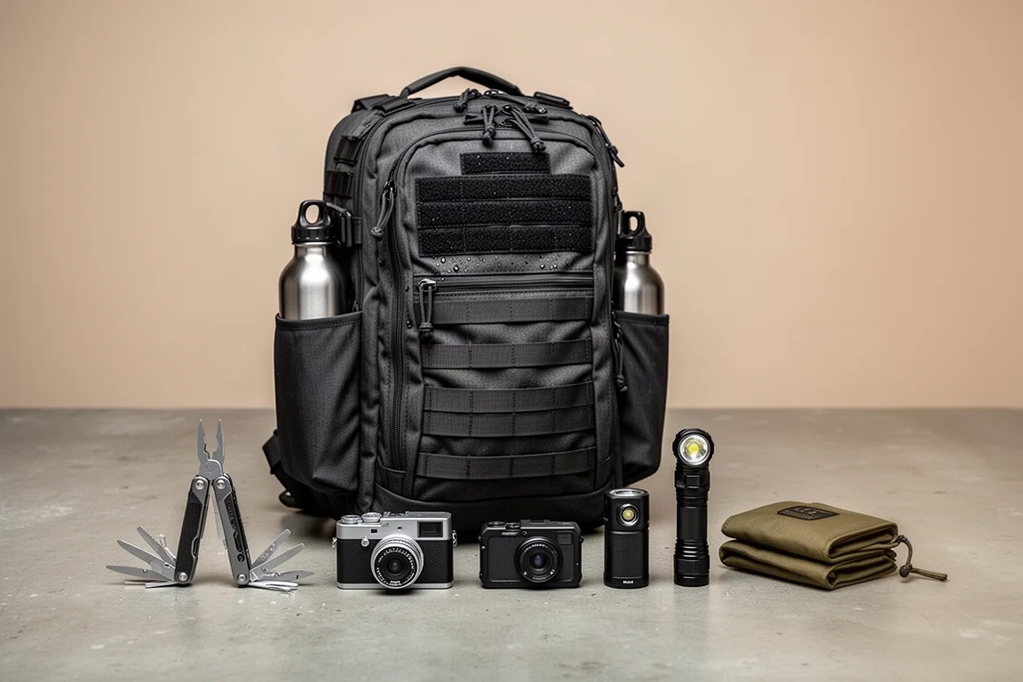 Mochila técnica com equipamentos de everyday carry dispostos ao lado sobre concreto