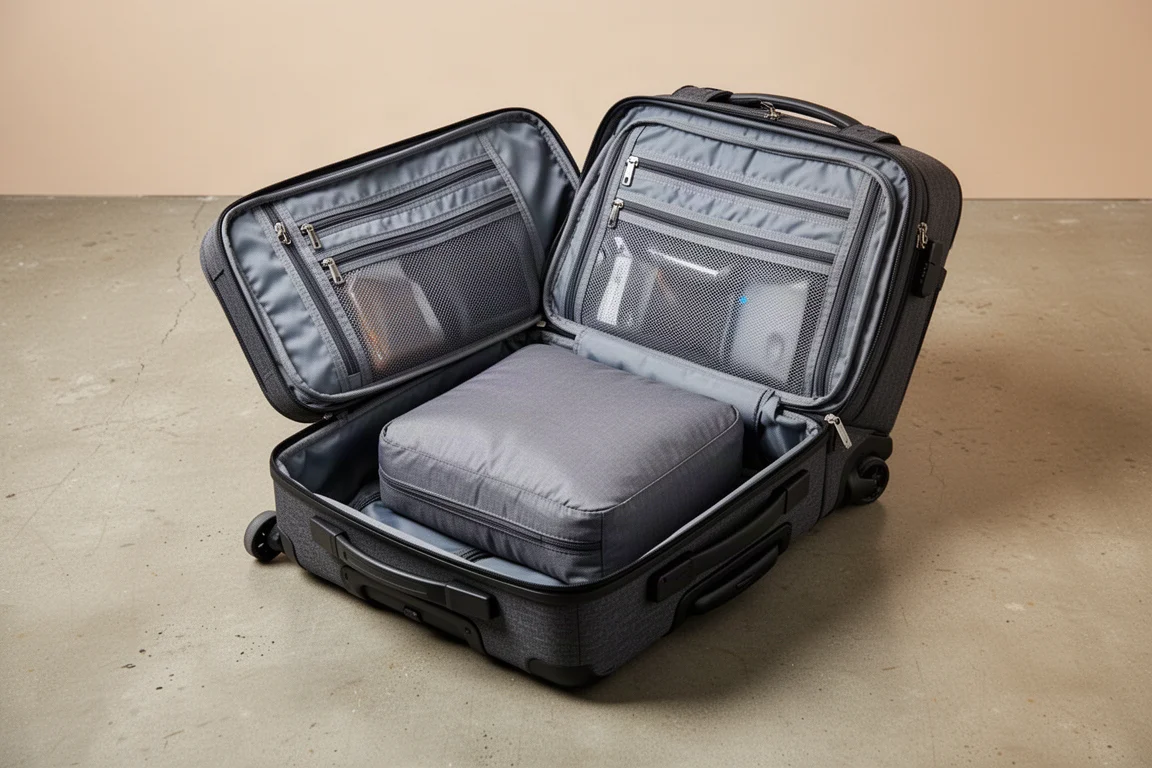 Wijd open rugzakinterieur met mazen-pockets en inpakcubes naast elkaar