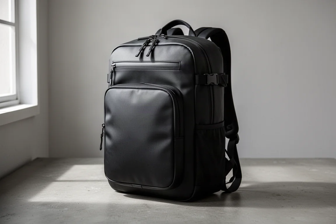 Matte black 30L travel backpack standing upright on a concrete surface