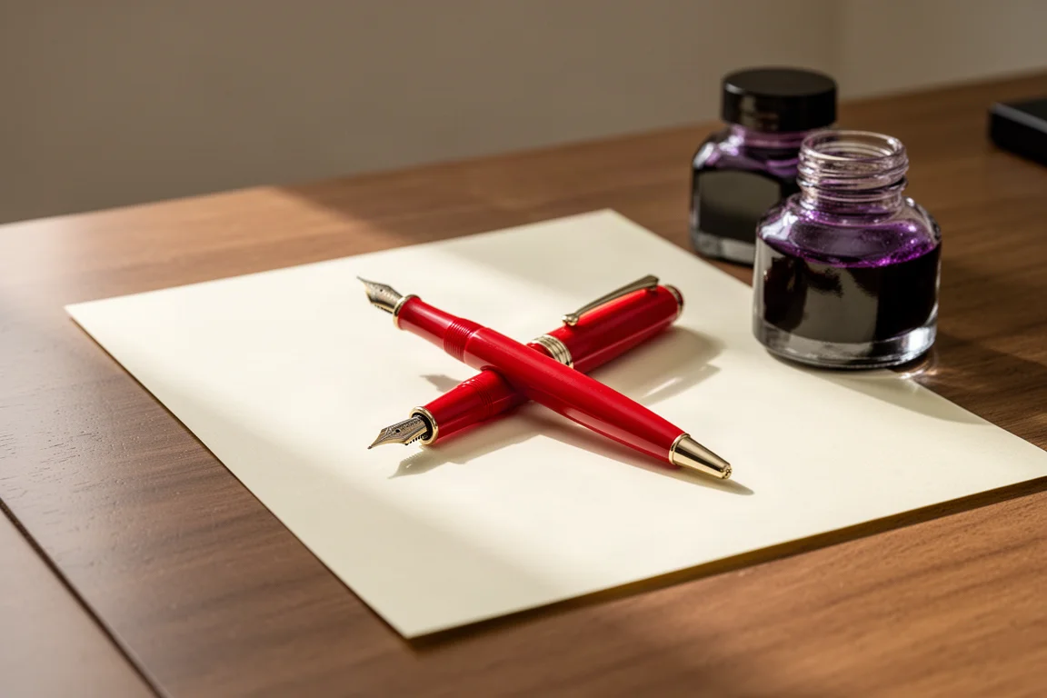 Rode harsen vulpen met messing ringen op een houten schrijfbureau naast een open inktpot
