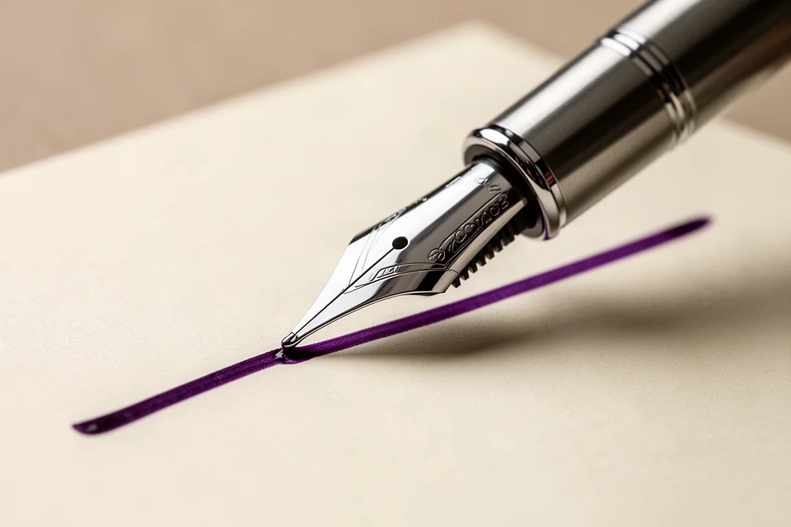 Vulpen schrijft een vloeiende paarse inktlijn op crèmekleurig papier