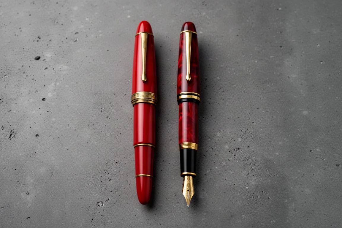Vintage geïnspireerde rode vulpen en een klassieke oversized pen naast elkaar op een bureau