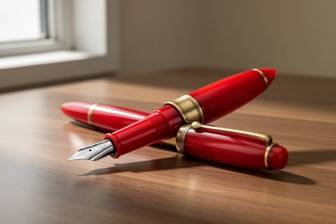 Penna stilografica in resina rossa con anelli in ottone e pennino in acciaio su una scrivania di legno