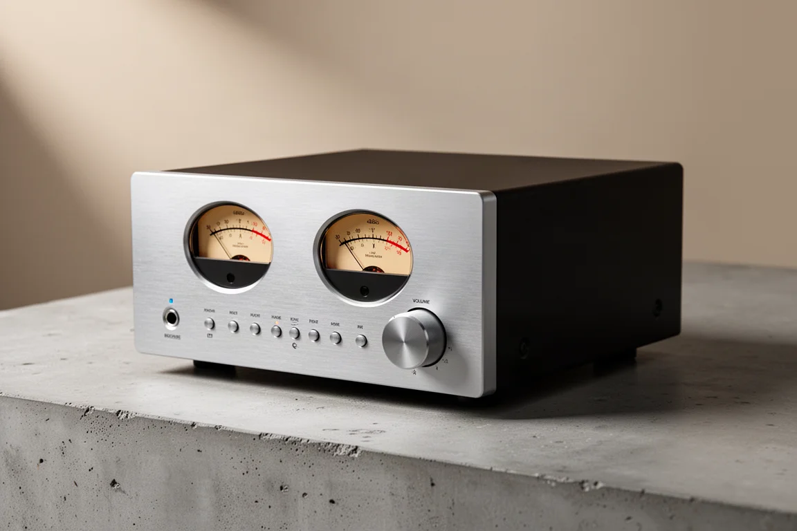 Compact integrated amplifier with dual VU meters and push-button controls on a concrete surface