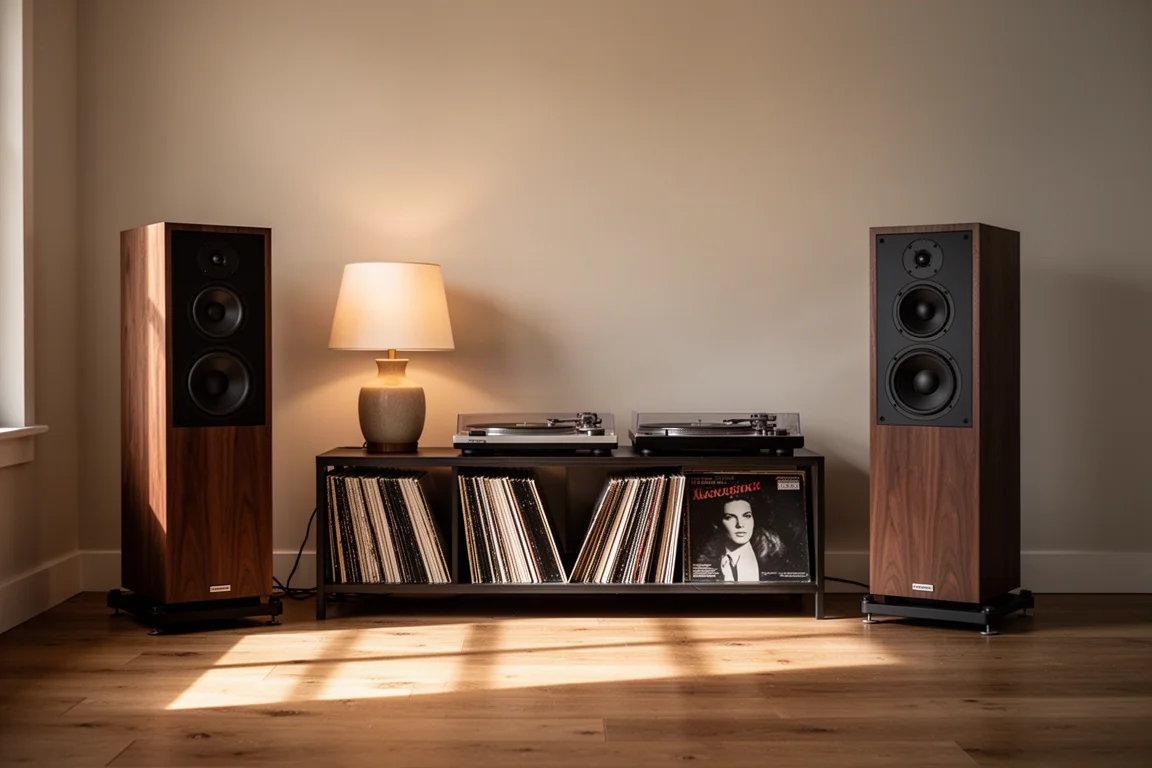 Warme Hör-Ecke im Wohnzimmer mit Standlautsprechern und einem Regal voller Vinylplatten