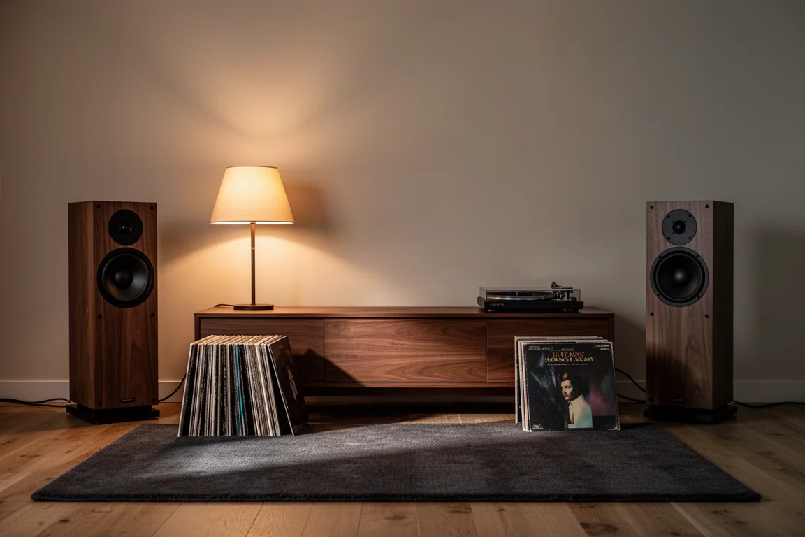 Abendlicher Hörraum mit Lautsprechern, Vinylplatten und warmem Lampenlicht