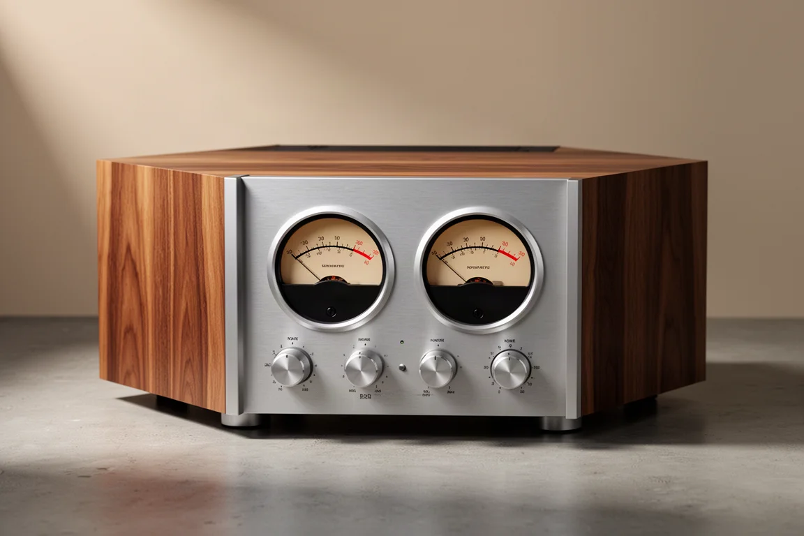 Retro styled amplifier with wood veneer case and twin VU meters on a concrete surface