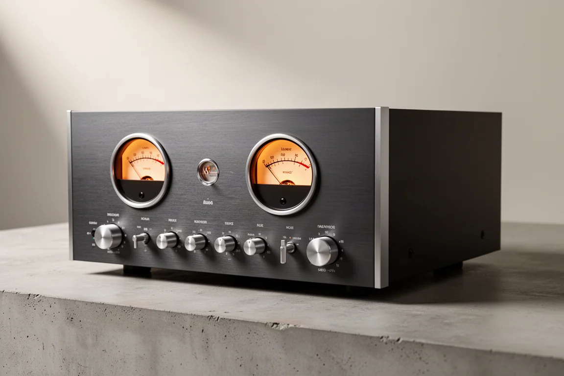 Retro-styled integrated amplifier with analogue wattage meters on a concrete surface
