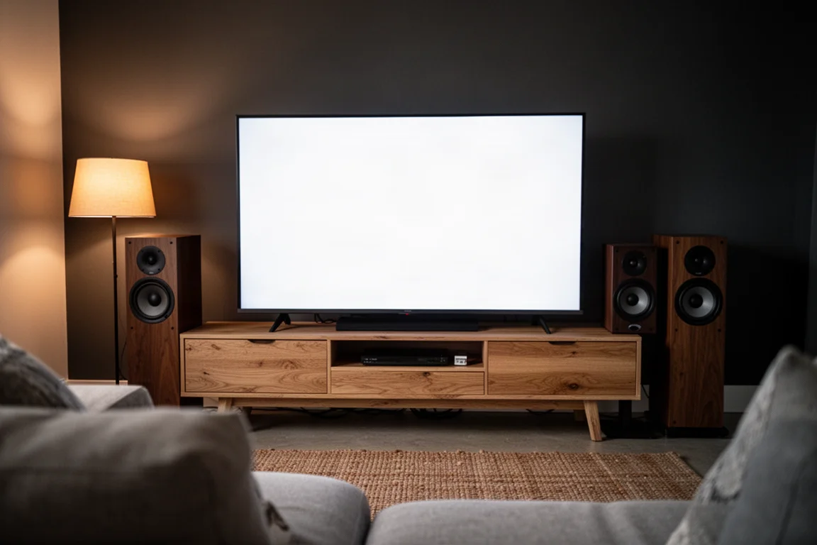 Fernseher und Stereolautsprecher in einem warmen Wohnzimmer für Musik und Filme