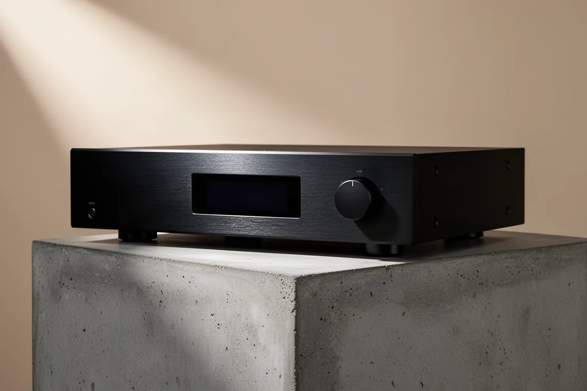 Slim black integrated amplifier on a concrete plinth in soft studio light